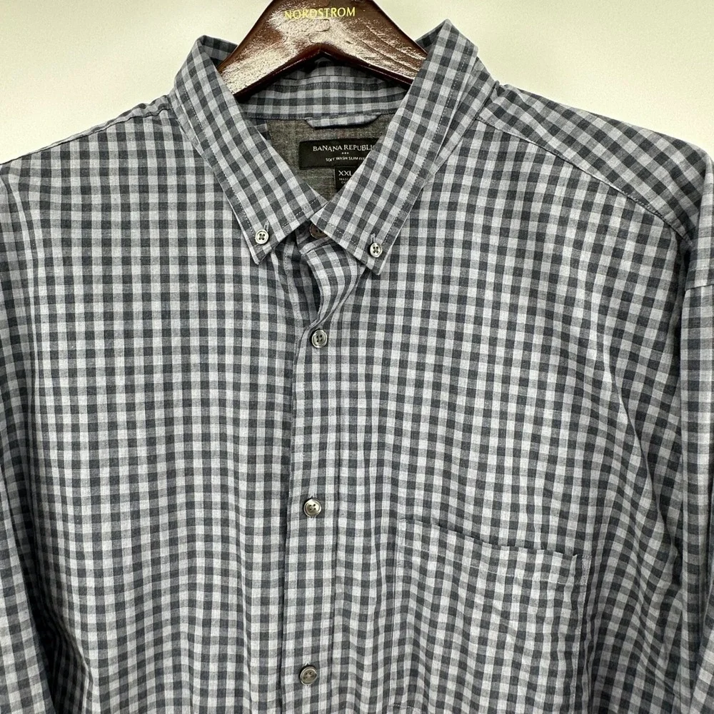 Banana Republic Soft Wash Slim Fit Shirt Mens XXL Grey Navy Gingham Check Cotton